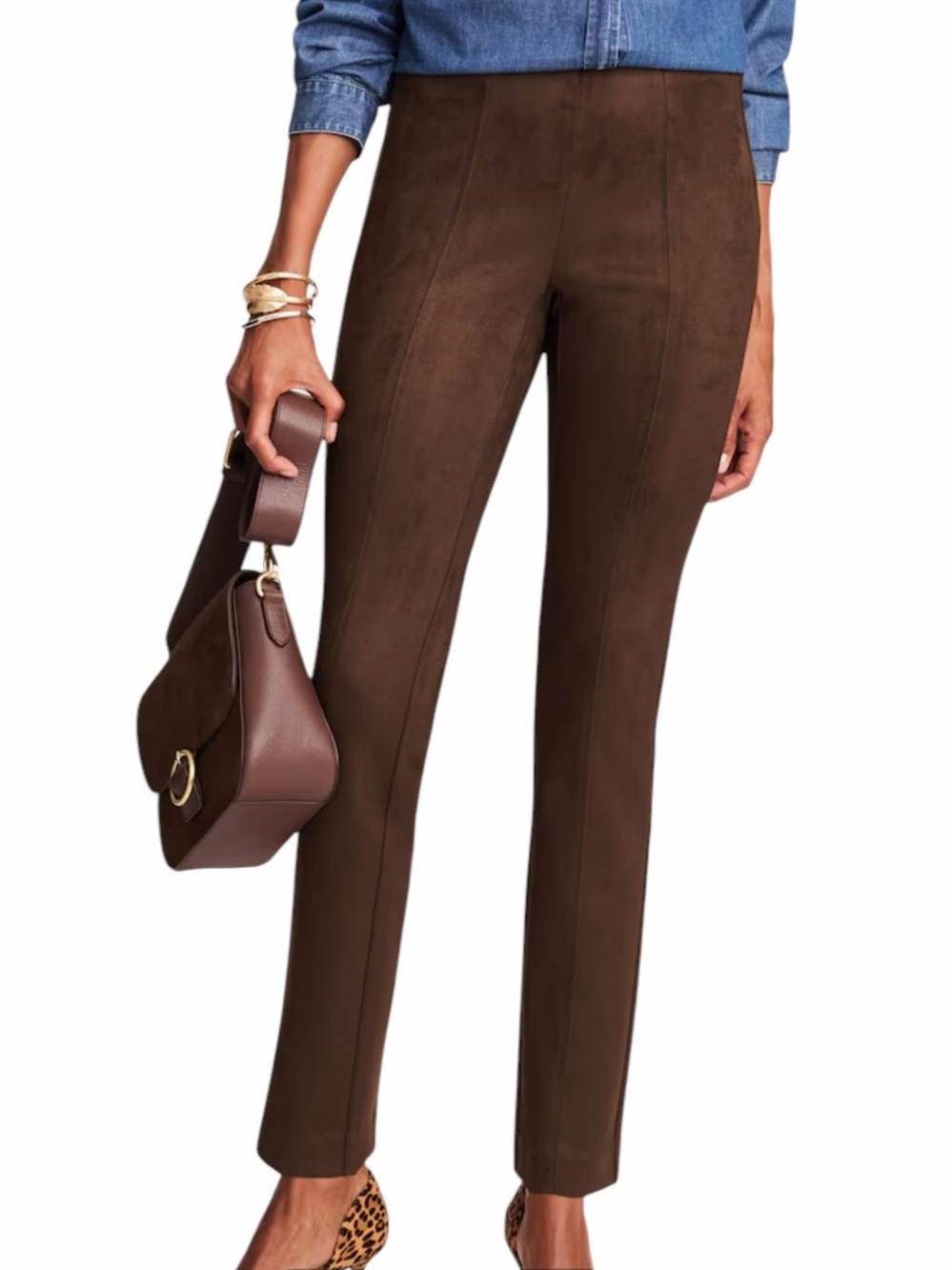 J. Jill Brown Faux Suede Slim  Knit Center Seam Pull-On Pants M